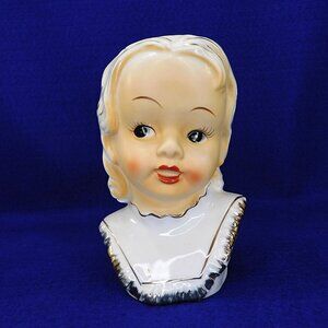 Vintage Girl Head Vase Side Eye Open Mouth Hand Painted 1950's